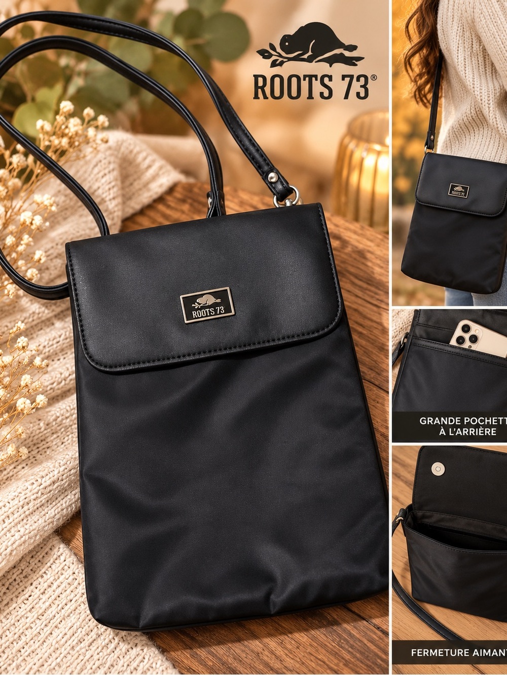 Roots 73 Black Nylon Crossbody Bag – Magnetic Flap – Excellent Condition